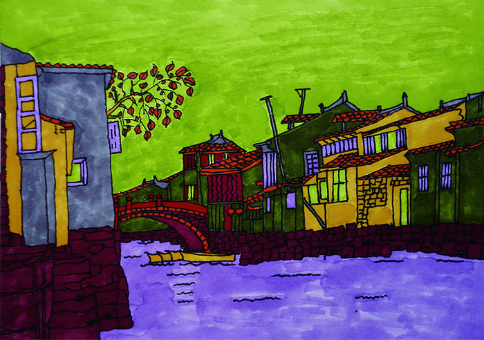 江南水乡 彩色水笔综合 32x24CM 2015